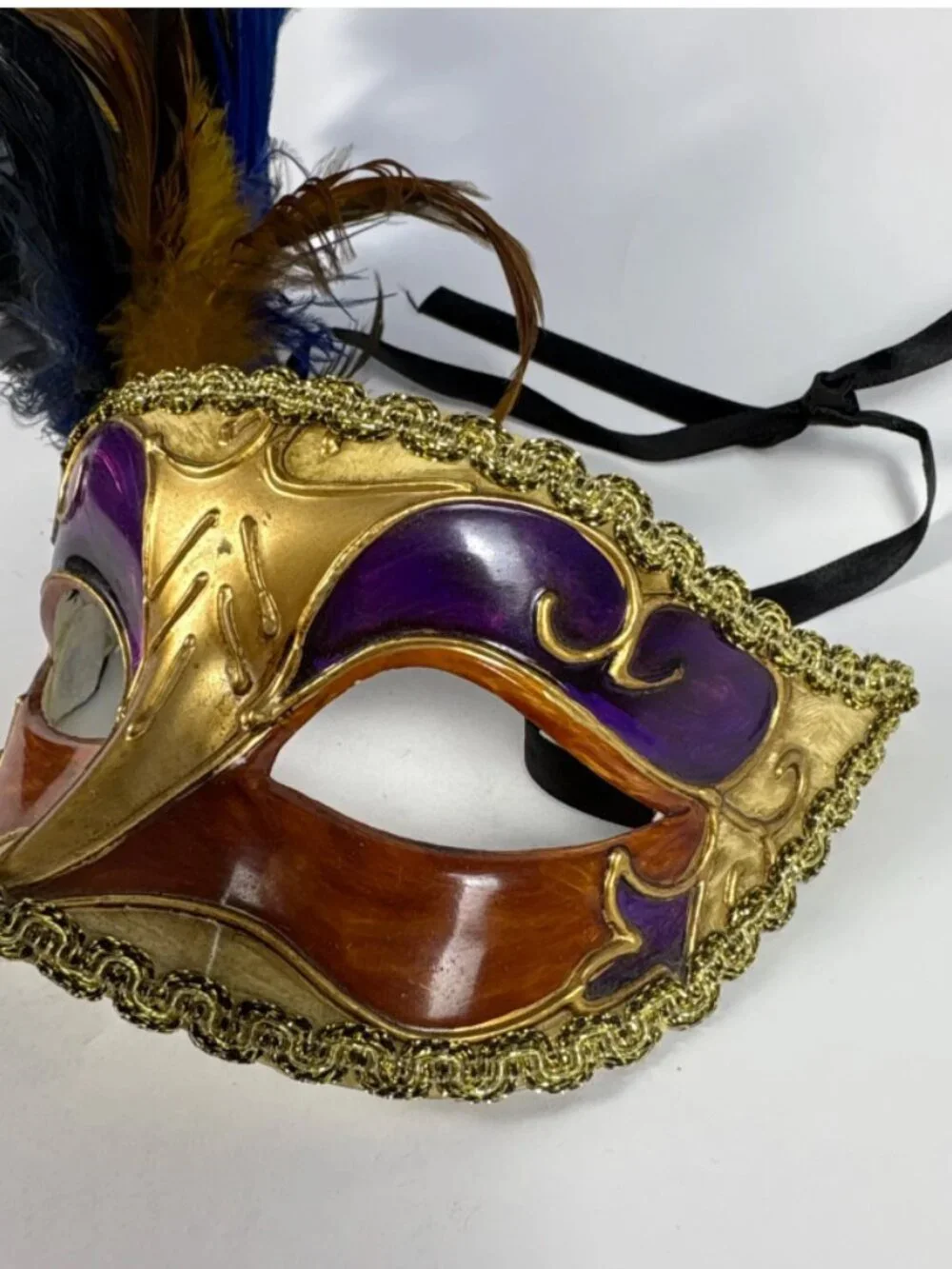 Vintage Mardi Gras Feather Mask | Hand Painted Paper Mâché Masquerade Mask